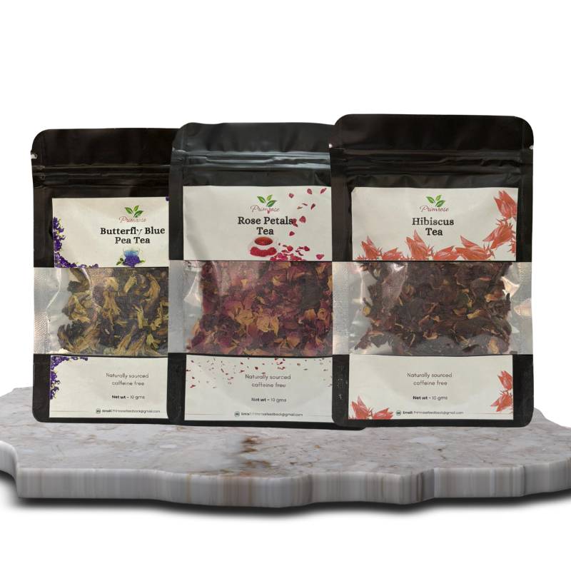 Butterfly Blue Pea, Rose, Hibiscus Pouches