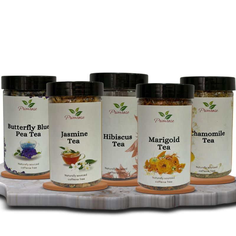 Butterfly Blue Pea, Jasmine, Hibiscus, Marigold, Chamomile Jars